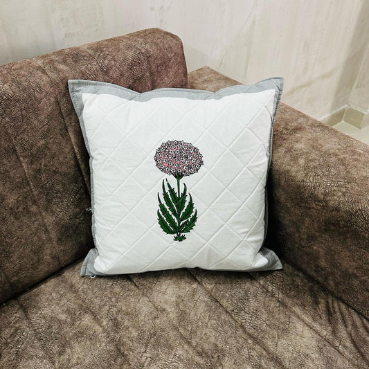 Floral Quilted Cushion Cover – White & Grey