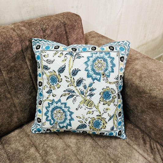 Elegant Blue & Beige Quilted Floral Cushion Cover