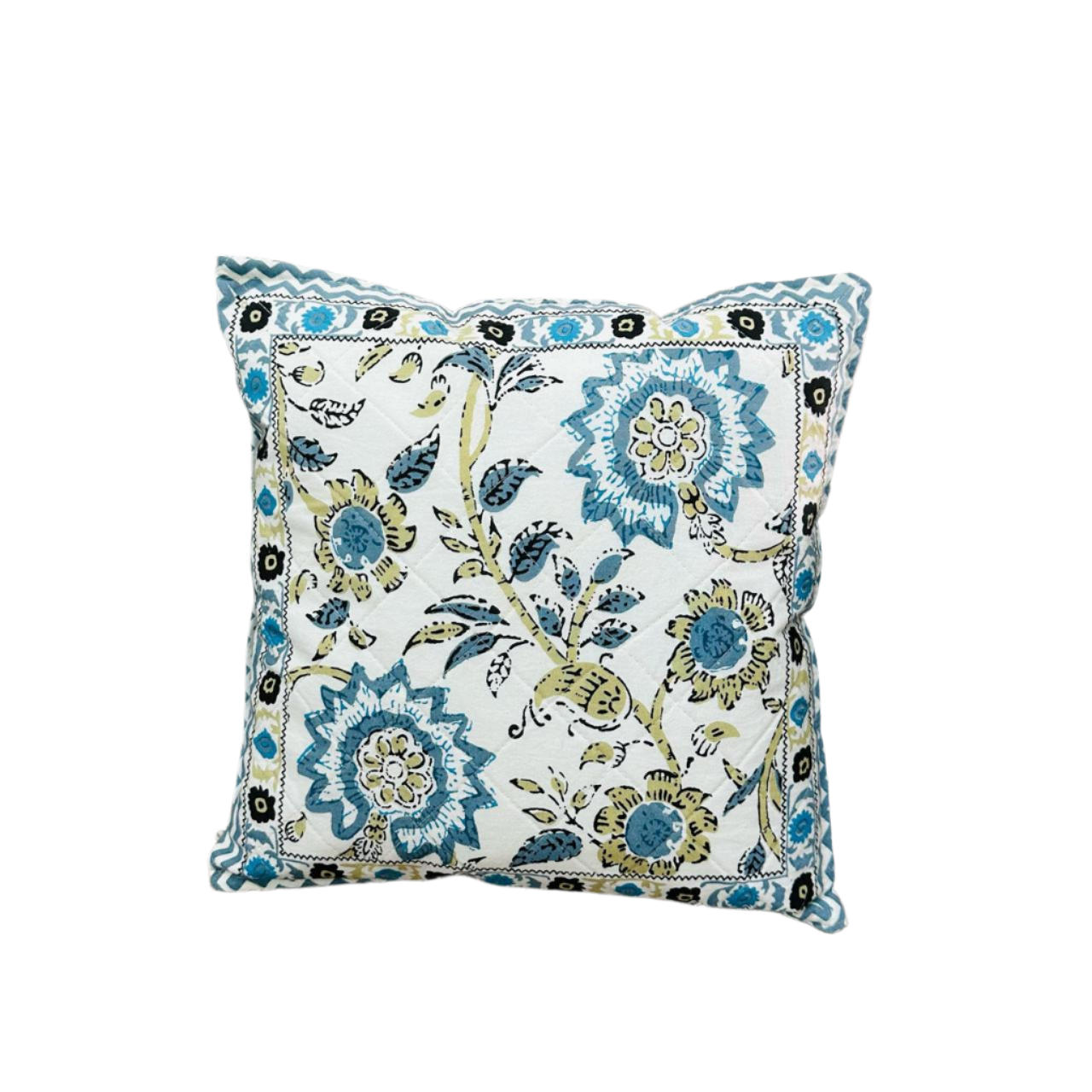 Elegant Blue & Beige Quilted Floral Cushion Cover