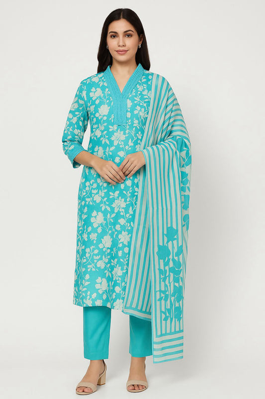 Blue Floral Print Cotton Kurti Set with Striped Dupatta – Summer Ethnic Wear