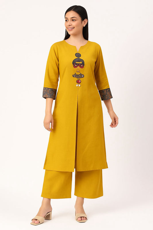 Mustard Yellow Cotton Kurta Set for Women | Handcrafted Embroidered Kurti with Palazzo | Ethnic Wear by Natural Fab