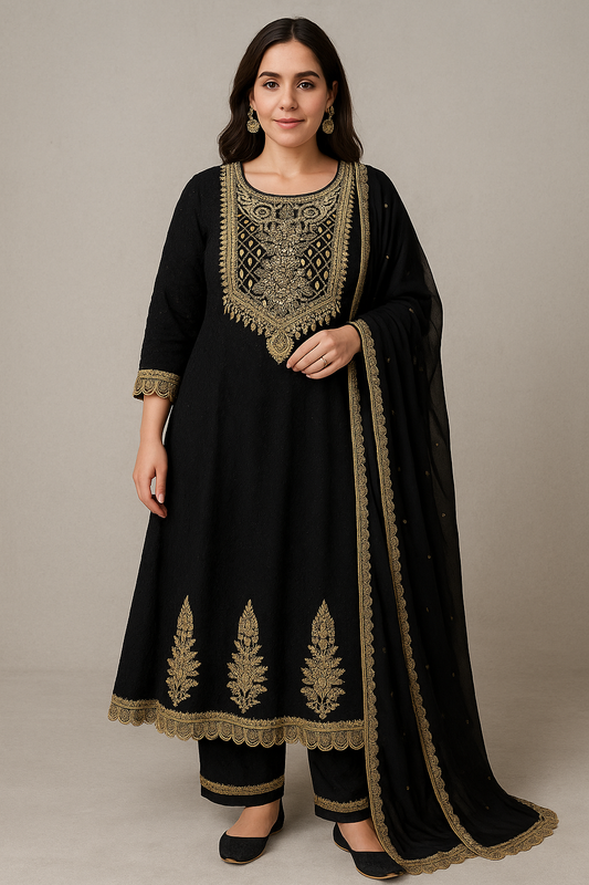 Black Rayon Kurti Set with All Over Hakuba Embroidery Work – Elegant Ethnic Wear for Women