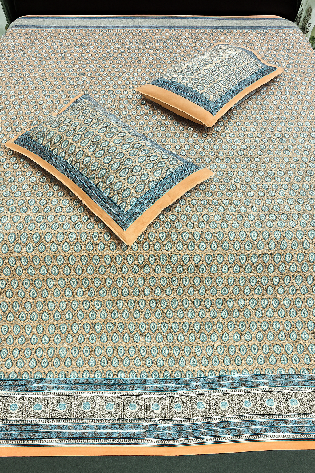 Premium Cotton Double Bedsheet with Pillow Covers – Beige & Blue Ethnic Print | Size 100x108 Inches
