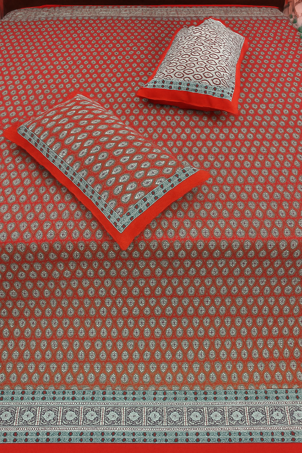 100% Cotton Double Bedsheet with Pillow Covers – Red Traditional Print, Size 100x108 Inches
