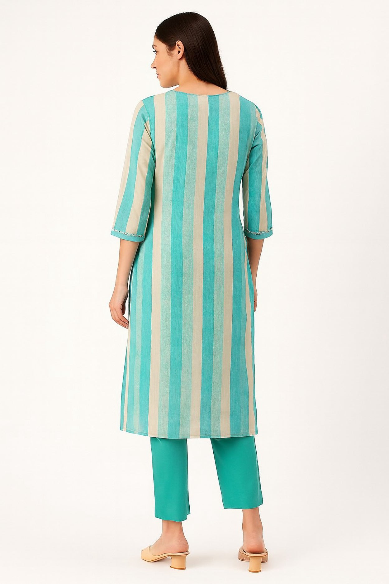 Aqua Green & Beige Striped Muslin Kurta Set with Embroidery
