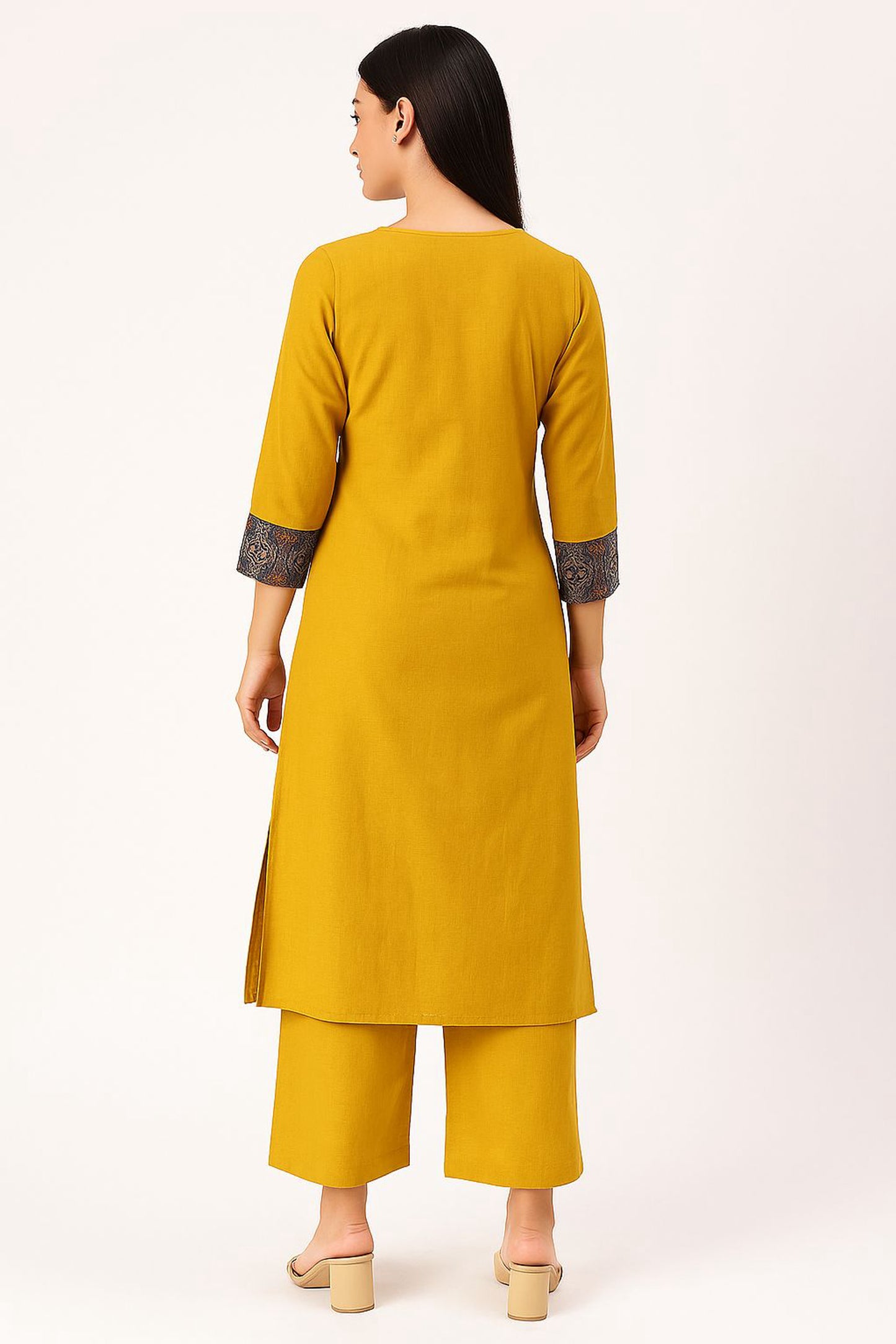 Mustard Yellow Cotton Kurta Set for Women | Handcrafted Embroidered Kurti with Palazzo | Ethnic Wear by Natural Fab
