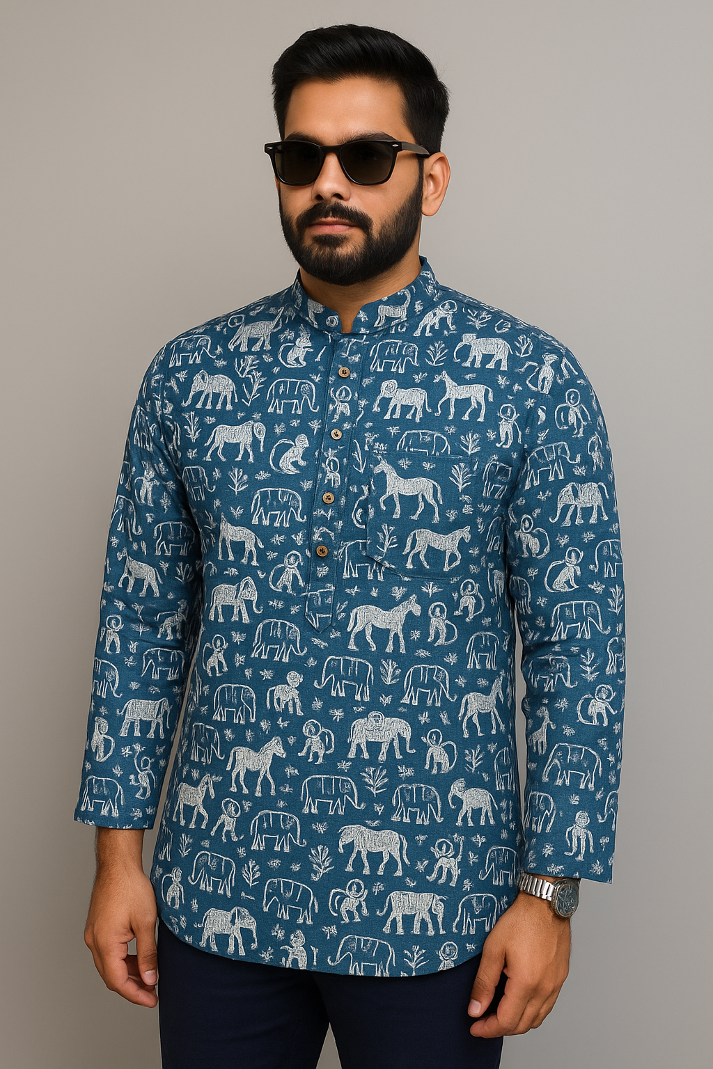 Handblock Printed Indigo Cotton Kurta – Elephant & Tribal Motif Design
