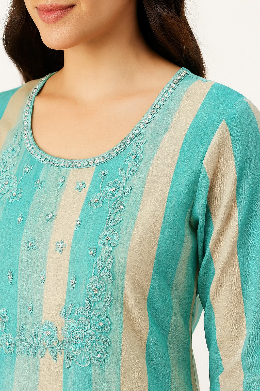 Aqua Green & Beige Striped Muslin Kurta Set with Embroidery