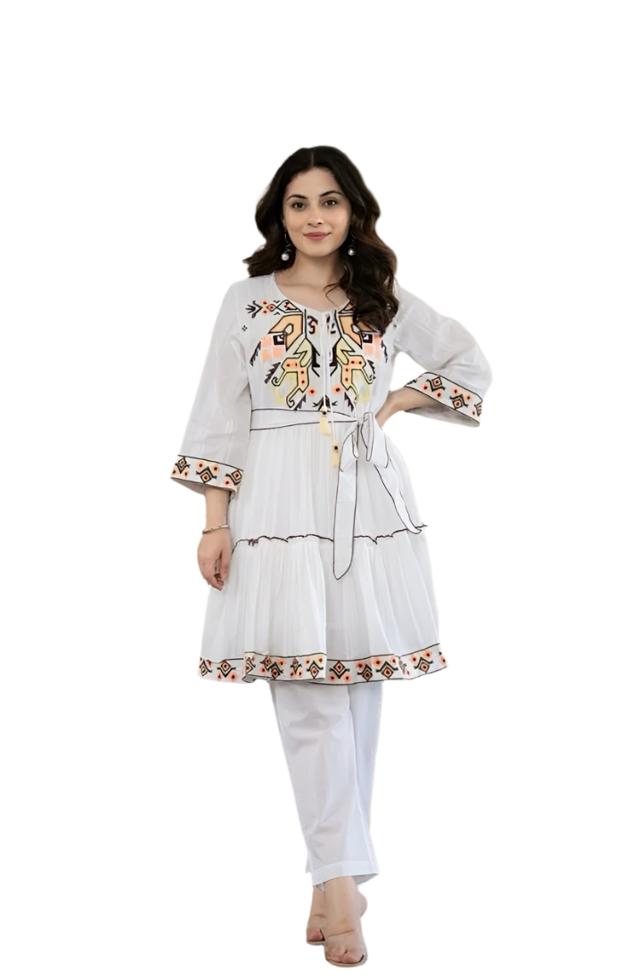 Elegant White Embroidered Short Dress with Belt