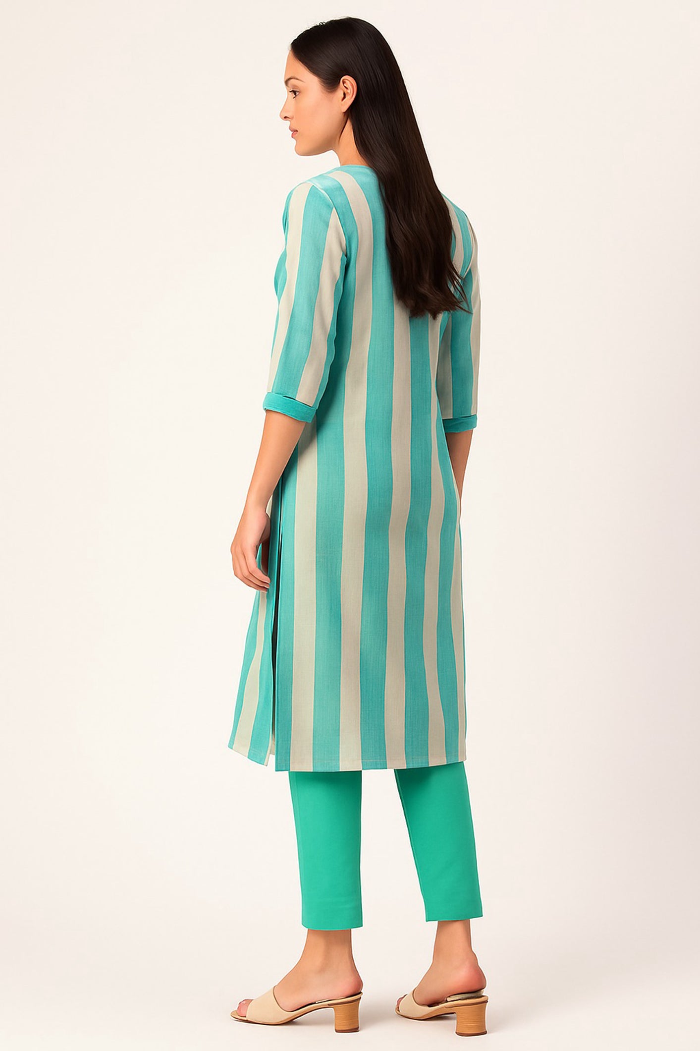 Aqua Green & Beige Striped Muslin Kurta Set with Embroidery