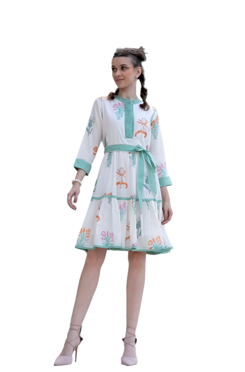 Elegant Hand-Block Printed Belted Dress