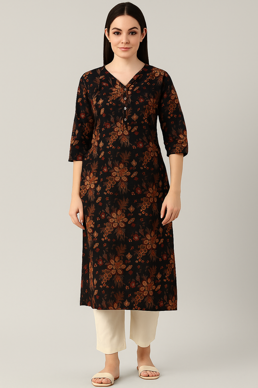 Elegant Black Floral Cotton Kurta for Women | Straight Fit Ethnic Wear for Office & Casual Use