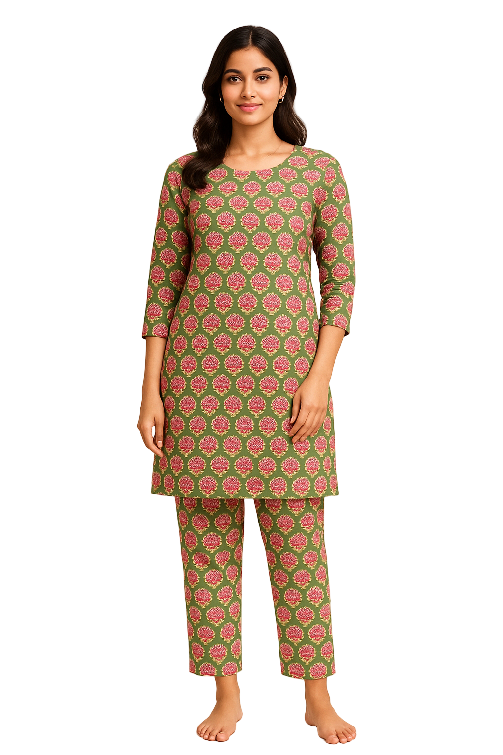 Green and Pink Handblock Printed Cotton Everyday Set for Women – Comfortable Kurta & Pant | Natural Fab