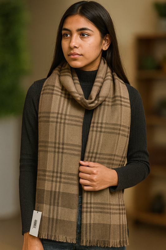 Brown Checked Woollen Stole for Women & Men | Soft Winter Scarf by Natural Fab