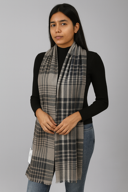 Grey Checked Woollen Stole for Women | Soft Warm Winter Scarf by Natural Fab