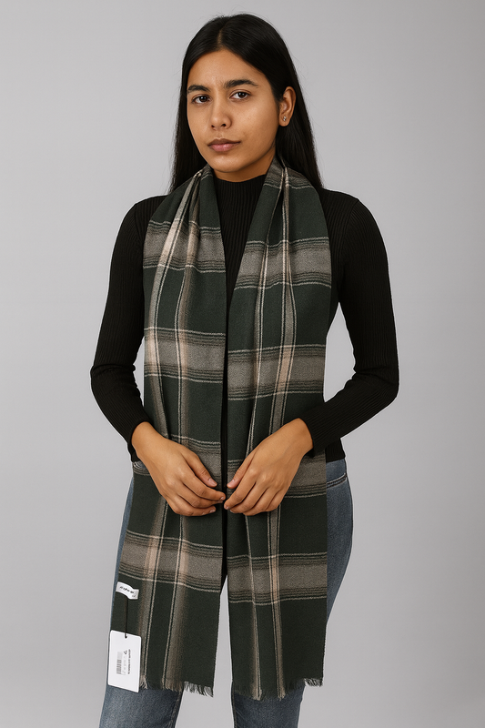Dark Green Woollen Check Stole for Women | Soft Winter Scarf by Natural Fab