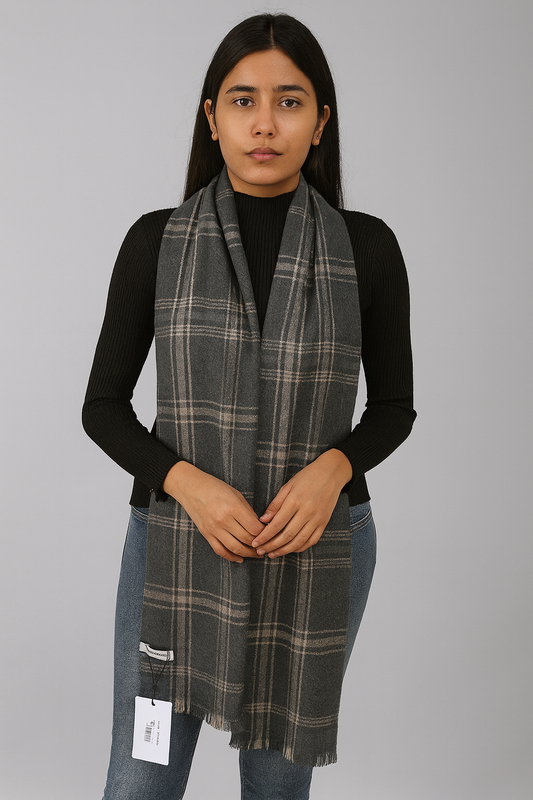 Charcoal Grey Woollen Check Stole for Women | Soft Winter Scarf by Natural Fab