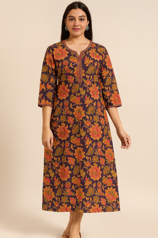 Maroon Floral Printed Cotton Long Kurti for Women – Elegant Ethnic Wear | Natural Fab
