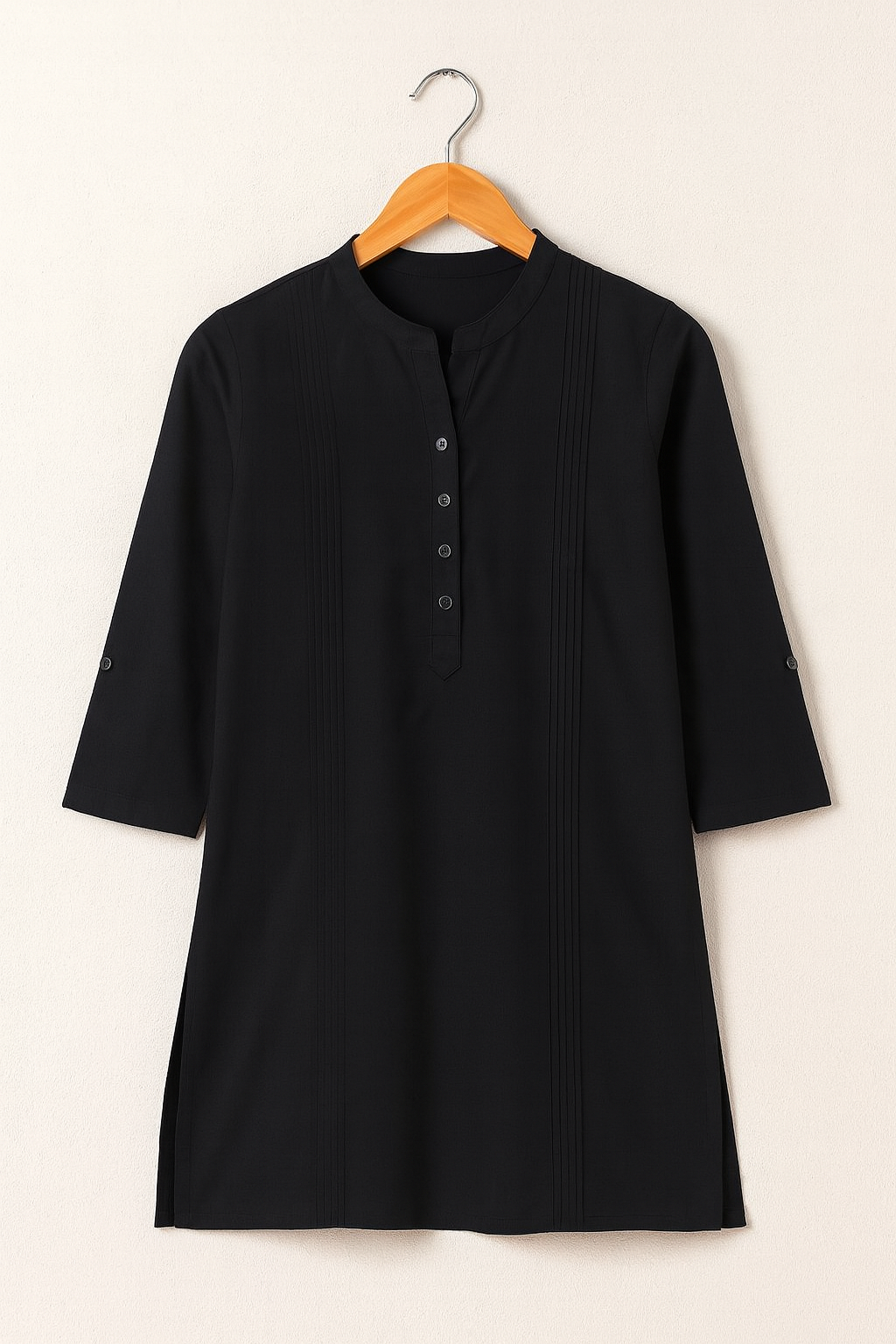 Women’s Black Cotton Short Kurti with Mandarin Collar & 3/4 Sleeves – Elegant Everyday Wear