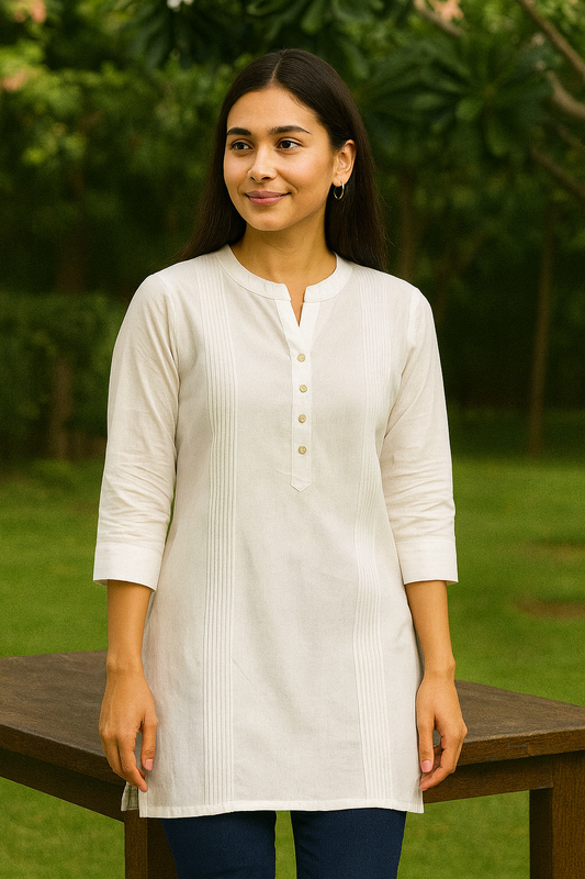 Women’s White Cotton Short Kurti with Mandarin Collar & 3/4 Sleeves – Stylish Everyday Wear