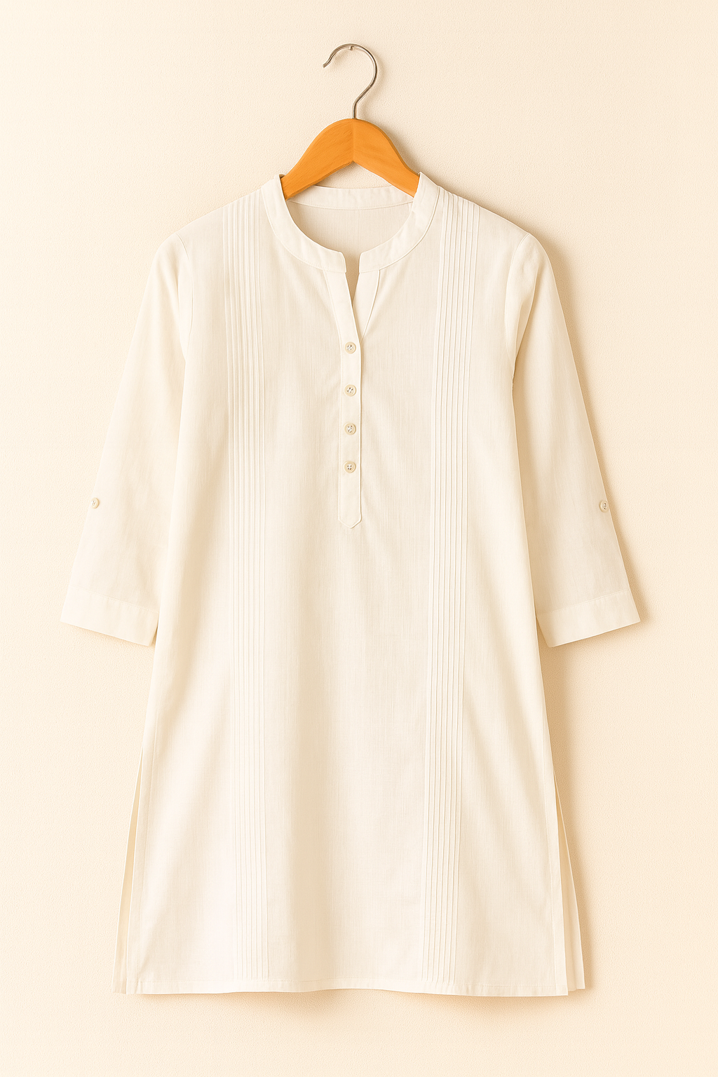 Women’s White Cotton Short Kurti with Mandarin Collar & 3/4 Sleeves – Stylish Everyday Wear