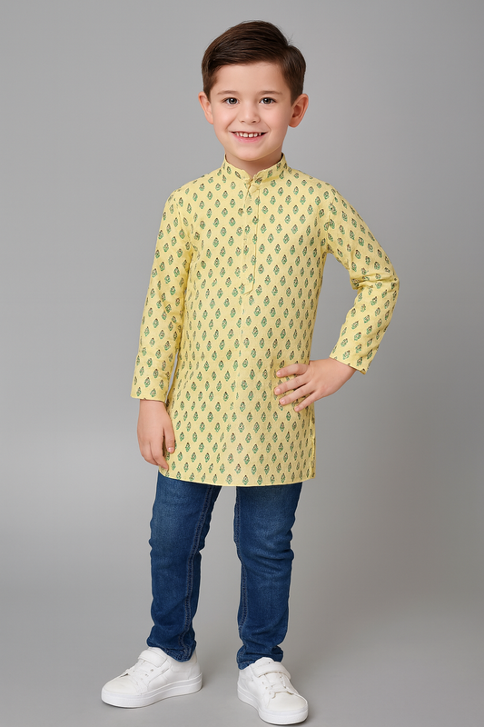 Elegant Printed Kids' Yellow Kurta – Traditional Yet Trendy