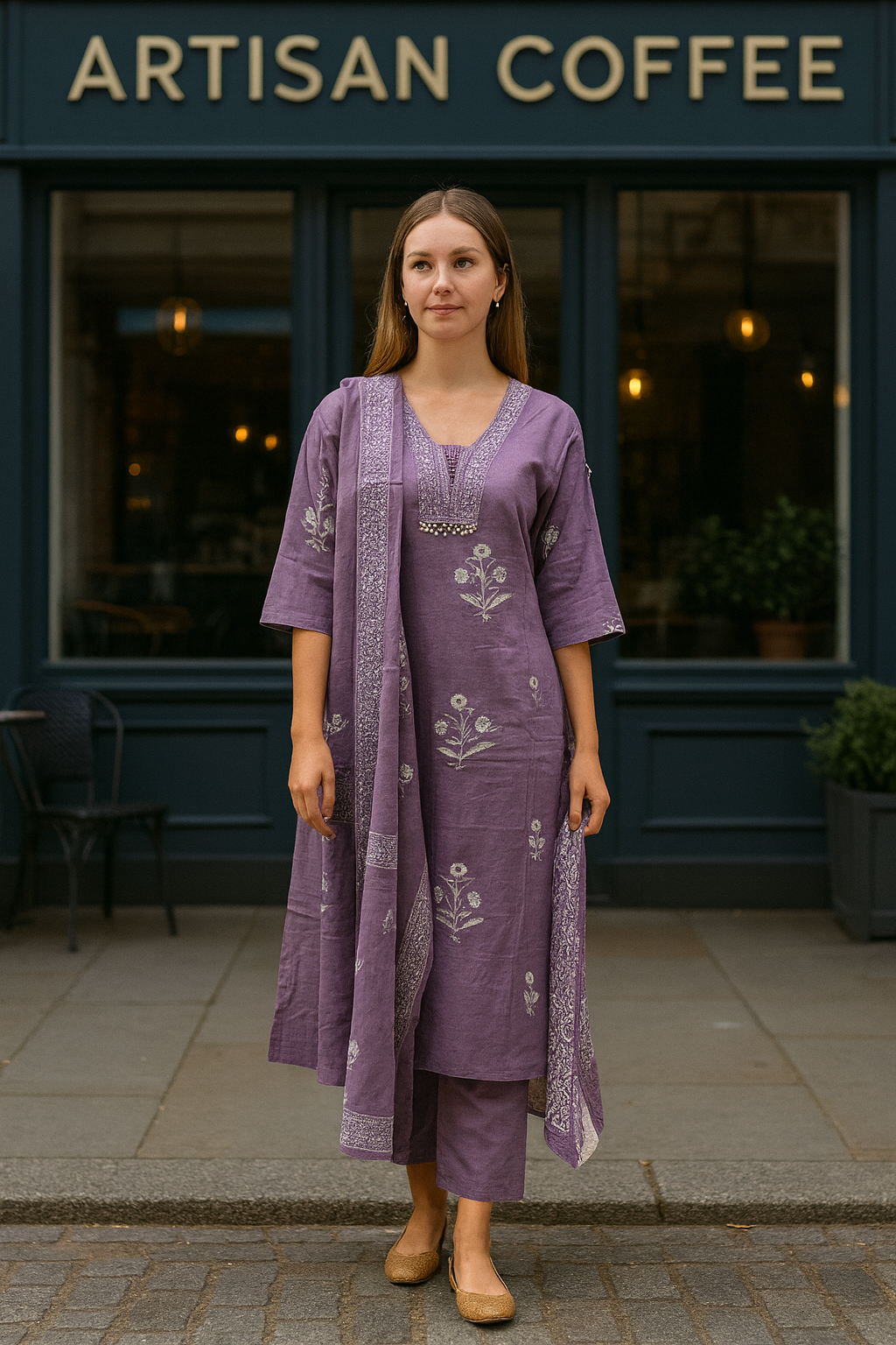 Lavender Handblock Printed Cotton Kurta Set with Dupatta