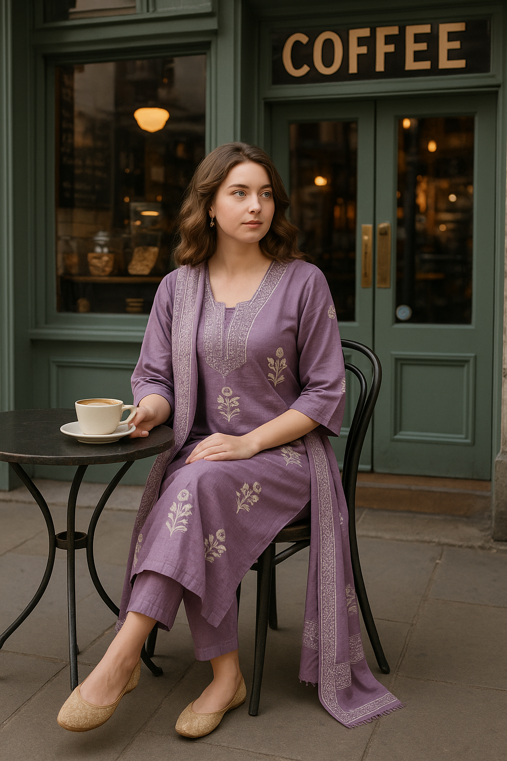 Lavender Handblock Printed Cotton Kurta Set with Dupatta