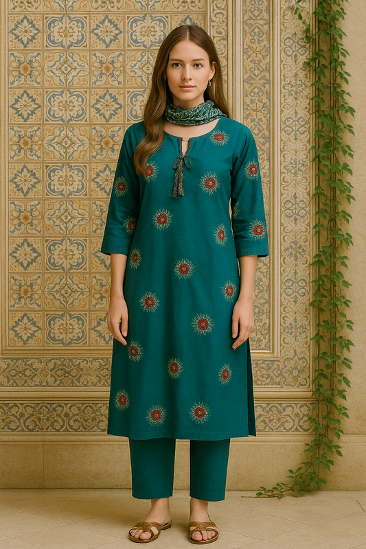 Teal Blue Cotton Embroidered Kurta Set for Women