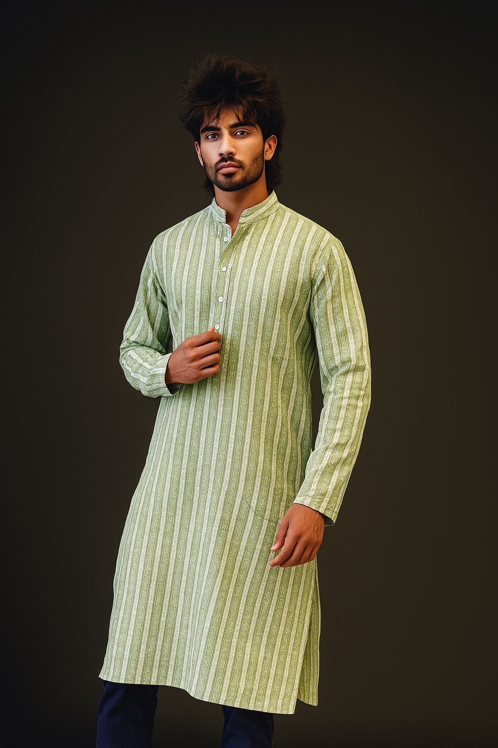 Men's Handblock Printed Cotton Kurta – Elegant Green Stripes