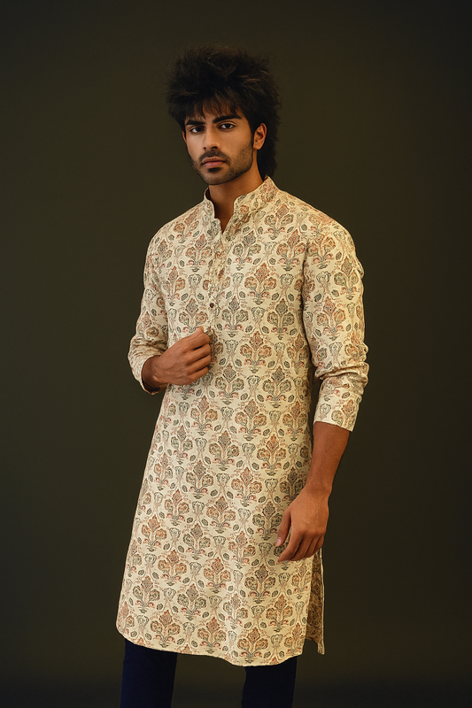 Men's Handblock Printed Long Cotton Kurta – Elegant Ethnic Wear