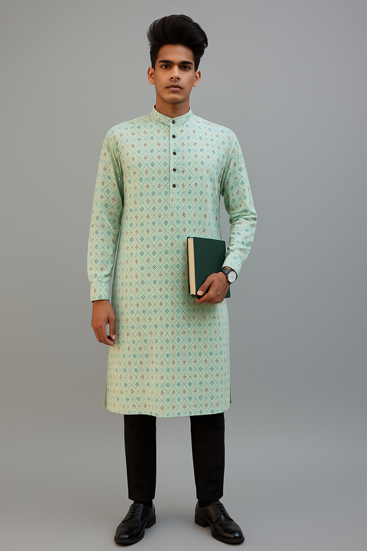 Elegant Mint Green Printed Cotton Kurta