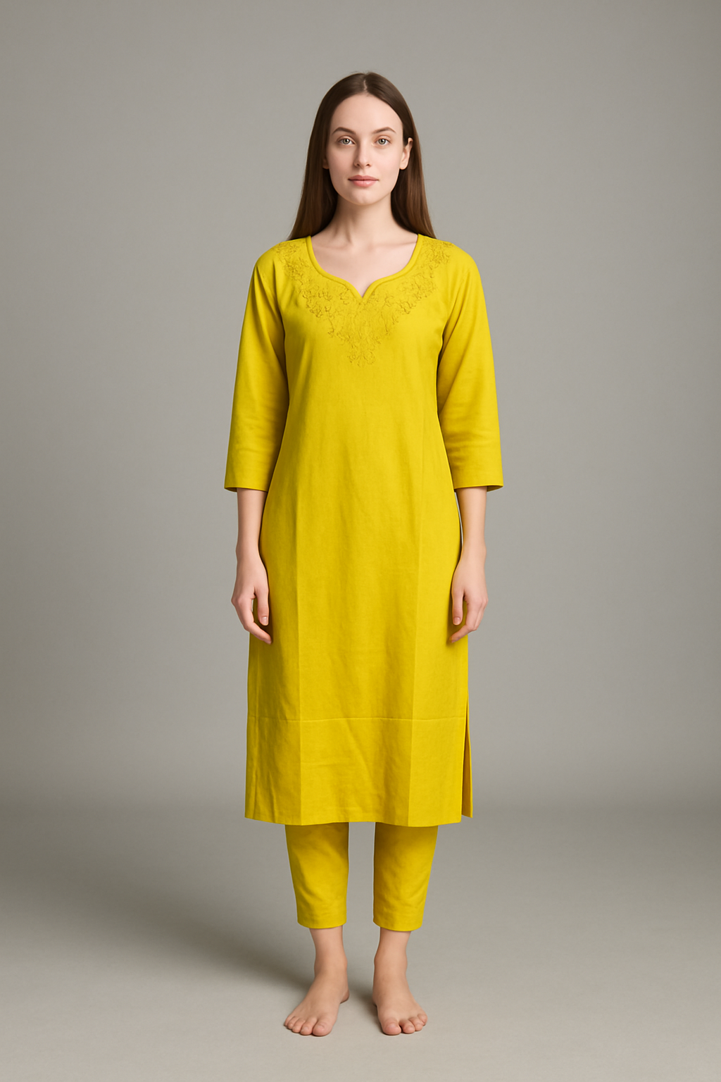 Vibrant Yellow Embroidered Kurti Set