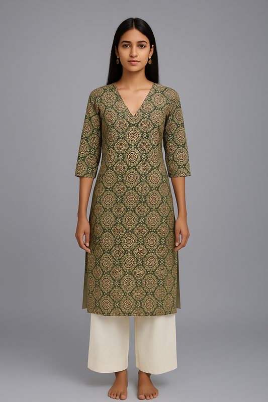 Traditional Handblock Printed Kurti – Yellow Kurta for Women