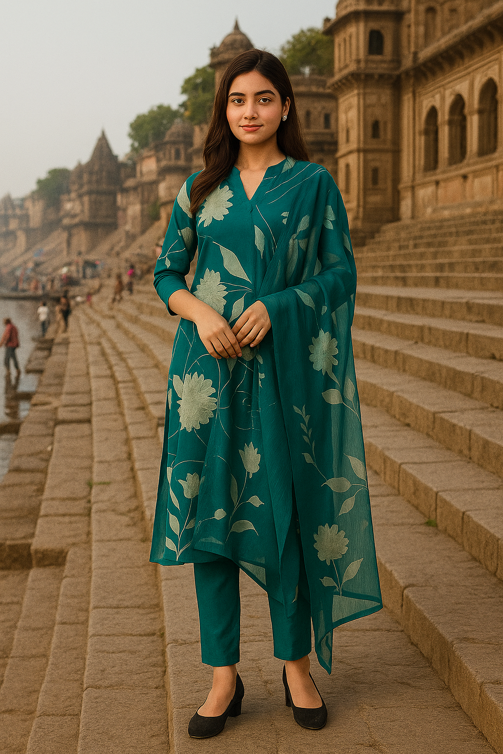 Teal Green Floral Printed Maslin Kurti Set for Women โ Elegant 3-Piece Suit with Dupatta