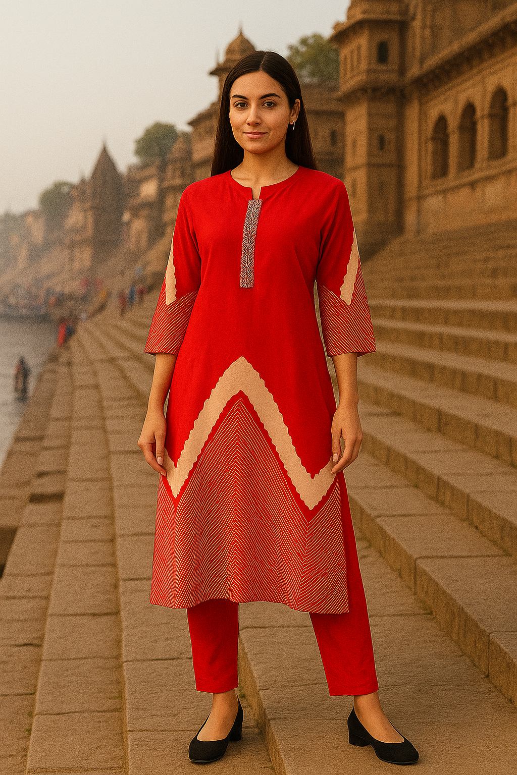 Red Maslin Printed Kurti Set for Women – Stylish Everyday Wear with Modern Chevron Design