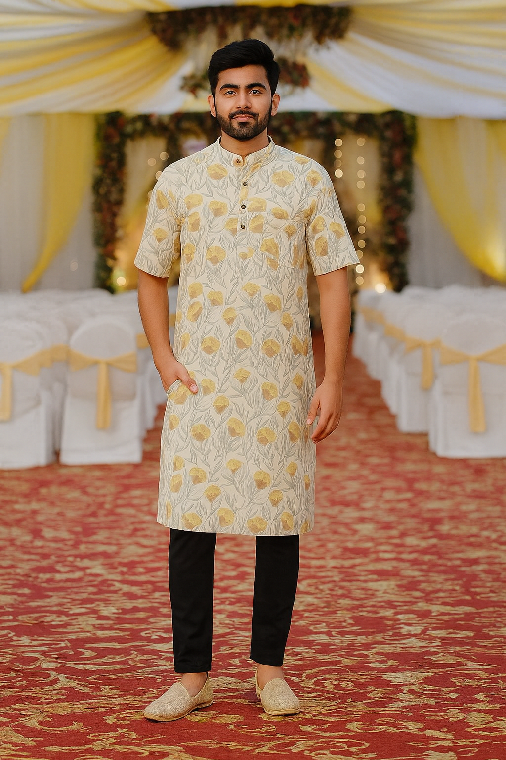 Men’s Cotton Knee-Length Kurta with Pockets – Hand Block Printed Floral Design | Natural Fab