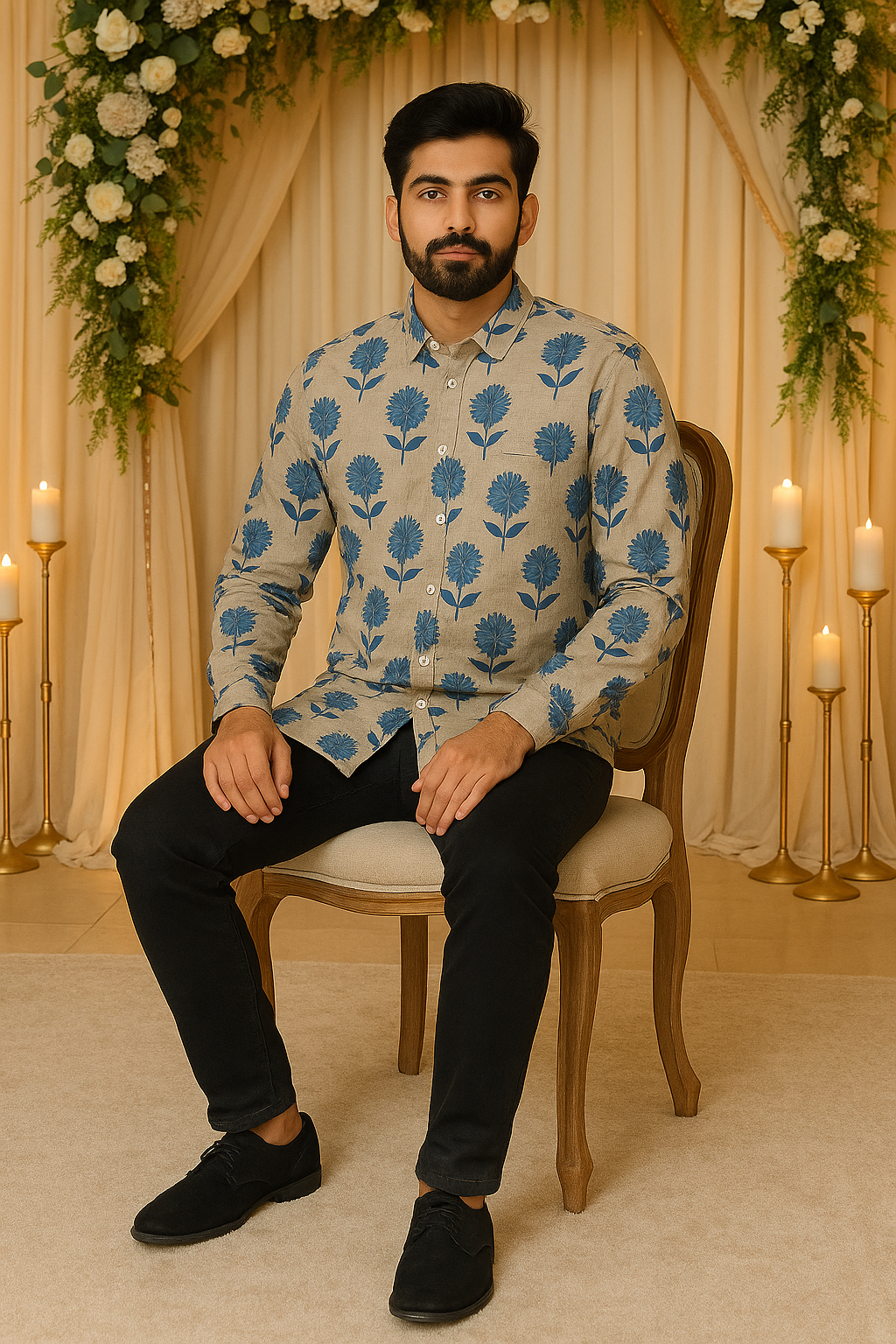 Men’s Pure Cotton Printed Shirt – Blue Floral Hand Block Print on Beige | Full Sleeves | Natural Fab