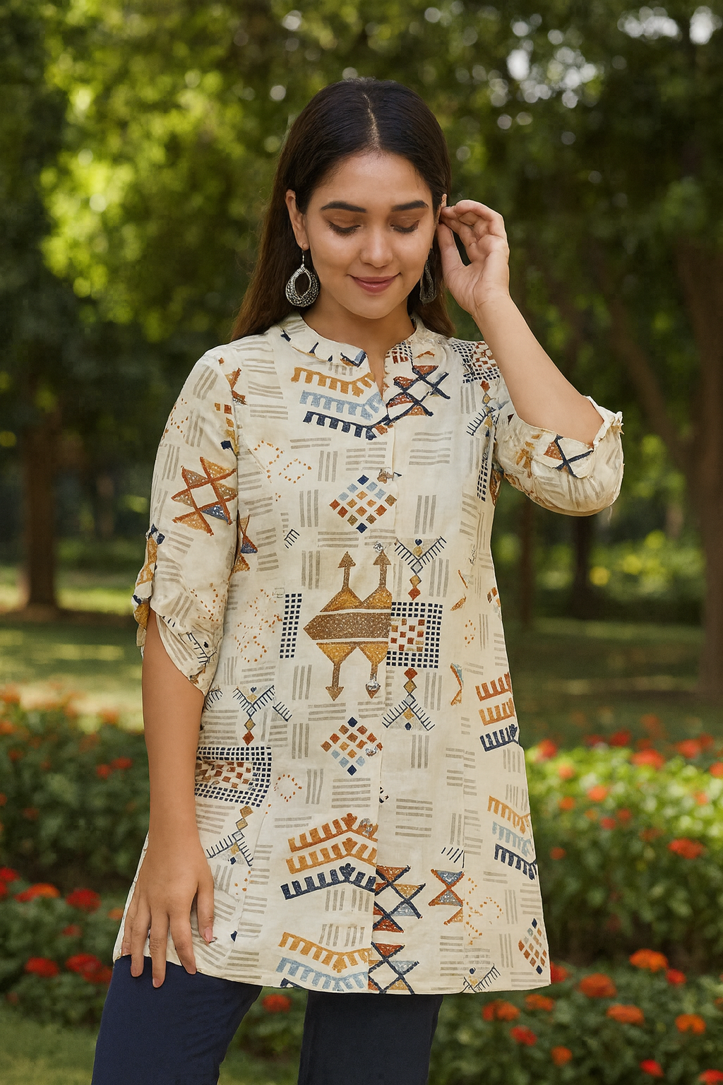 Hand Block Printed Cotton Short Kurti for Women – Elegant Geometric Design | Natural Fab