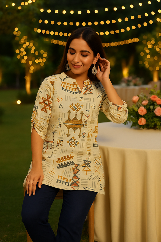 Hand Block Printed Cotton Short Kurti for Women – Elegant Geometric Design | Natural Fab