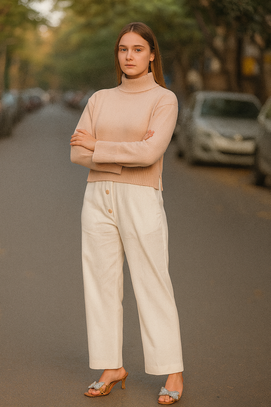 Women’s White Khadi Palazzo Pants – High Waist Wide-Leg Trousers | Handwoven Cotton