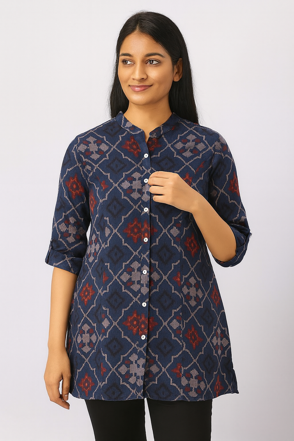 Women’s Navy Blue Rayon Short Kurti – Ikat Printed Button-Down Tunic for Casual & Office Wear