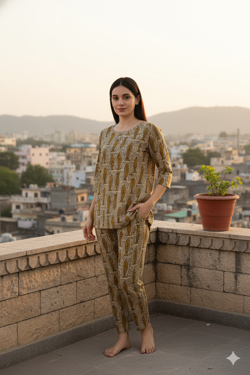 Brown Hand Block Printed Cotton Night Suit for Women – 2-Piece Sleepwear Set with Kurti & Pant