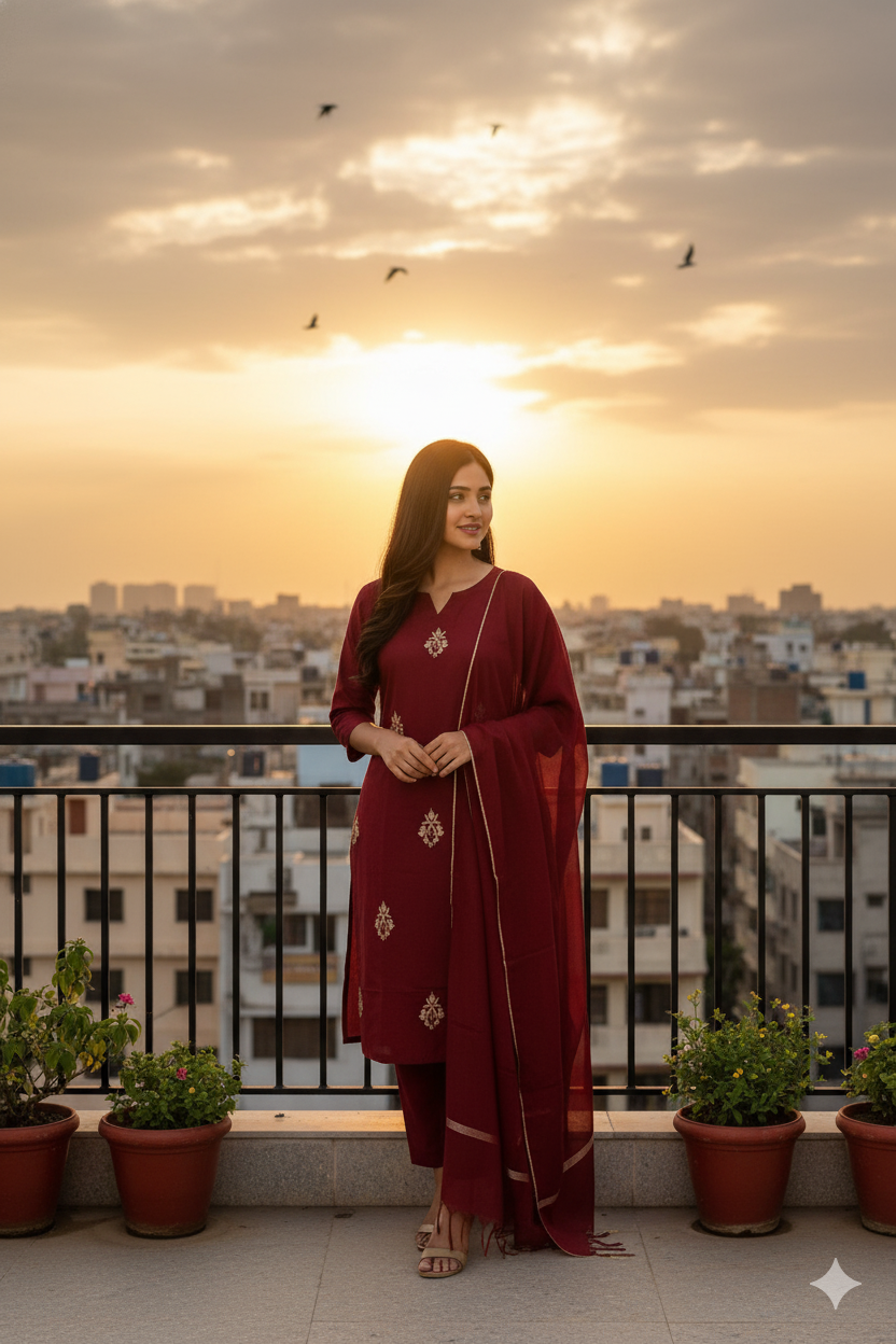 Maroon Cotton Embroidered Kurti Set for Women with Dupatta – Elegant Festive 3-Piece Suit