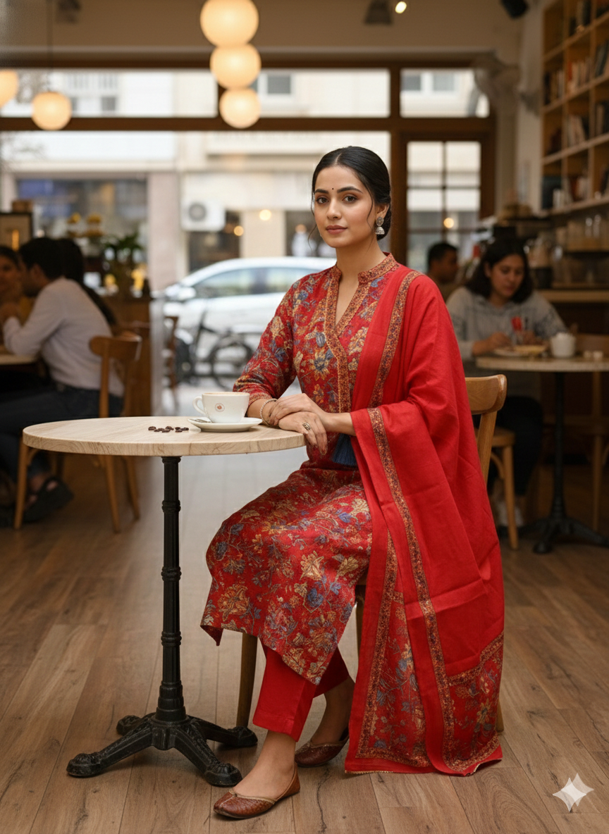 Women’s Red Cotton Printed Kurti Pant Dupatta Set | Traditional Floral Suit Set for Festive & Ethnic Wear