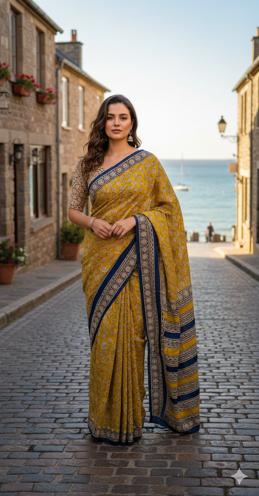 Yellow & Blue Cotton Malmal Hand Block Print Saree with Blouse – 5.5m Saree + 80cm Blouse Piece | Soft Lightweight Traditional Saree for Women