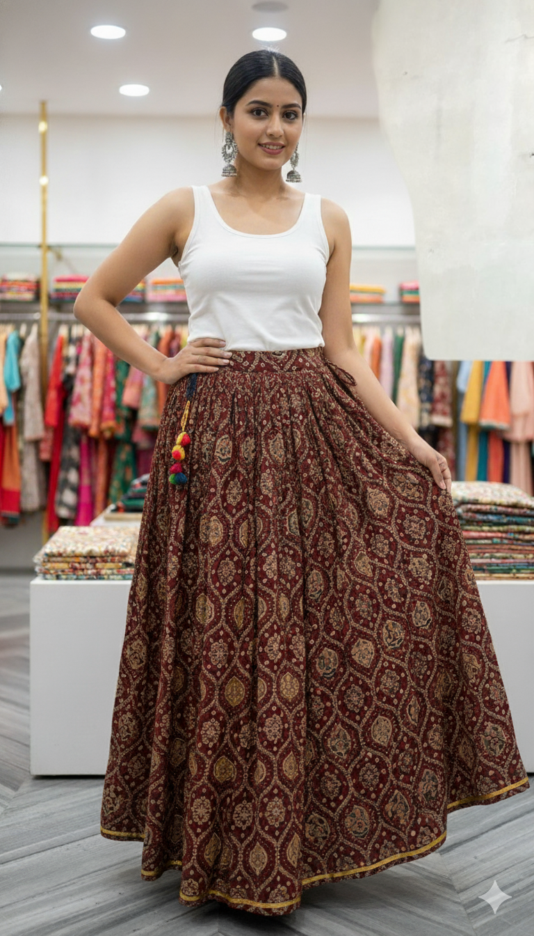 Maroon Handblock Printed Cotton Skirt for Women – Ethnic Long Flared Skirt with Golden Border and Tassel Detailing