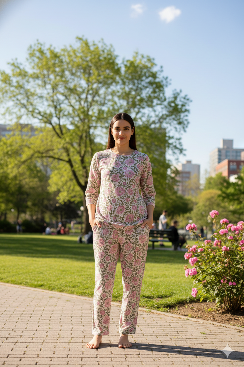 Pink Floral Hand Block Printed Cotton Night Suit for Women – 2-Piece Loungewear Set with Kurti & Pant