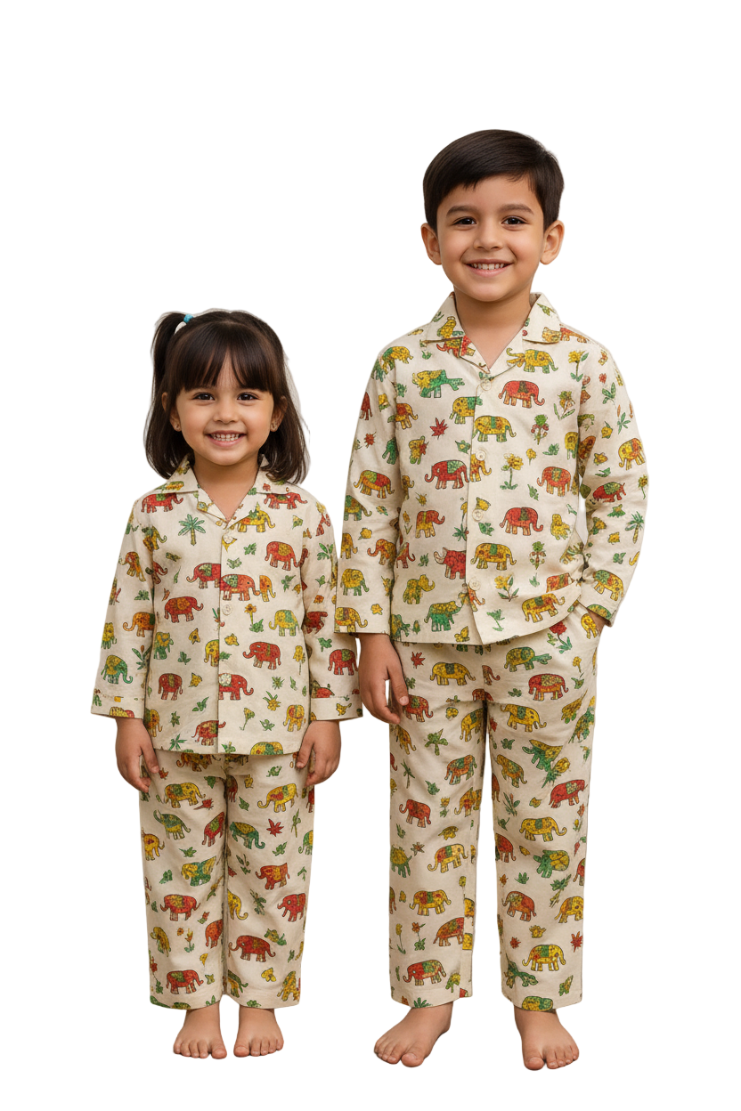 Kids’ Cotton Co-Ord Set with Elephant Print – Comfortable Nightwear & Loungewear for Boys and Girls