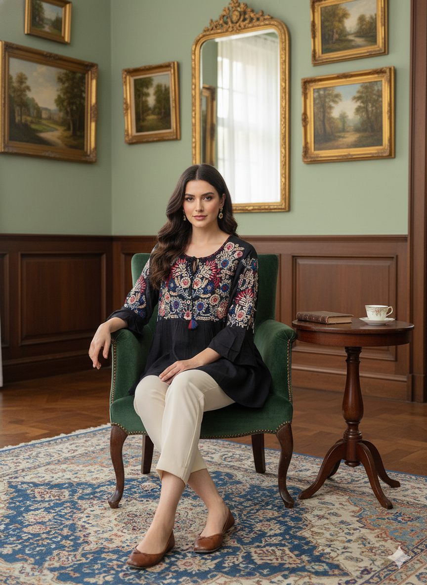 Black Cotton Hand-Embroidered Top for Women – Boho Floral Tunic with 3/4 Bell Sleeves